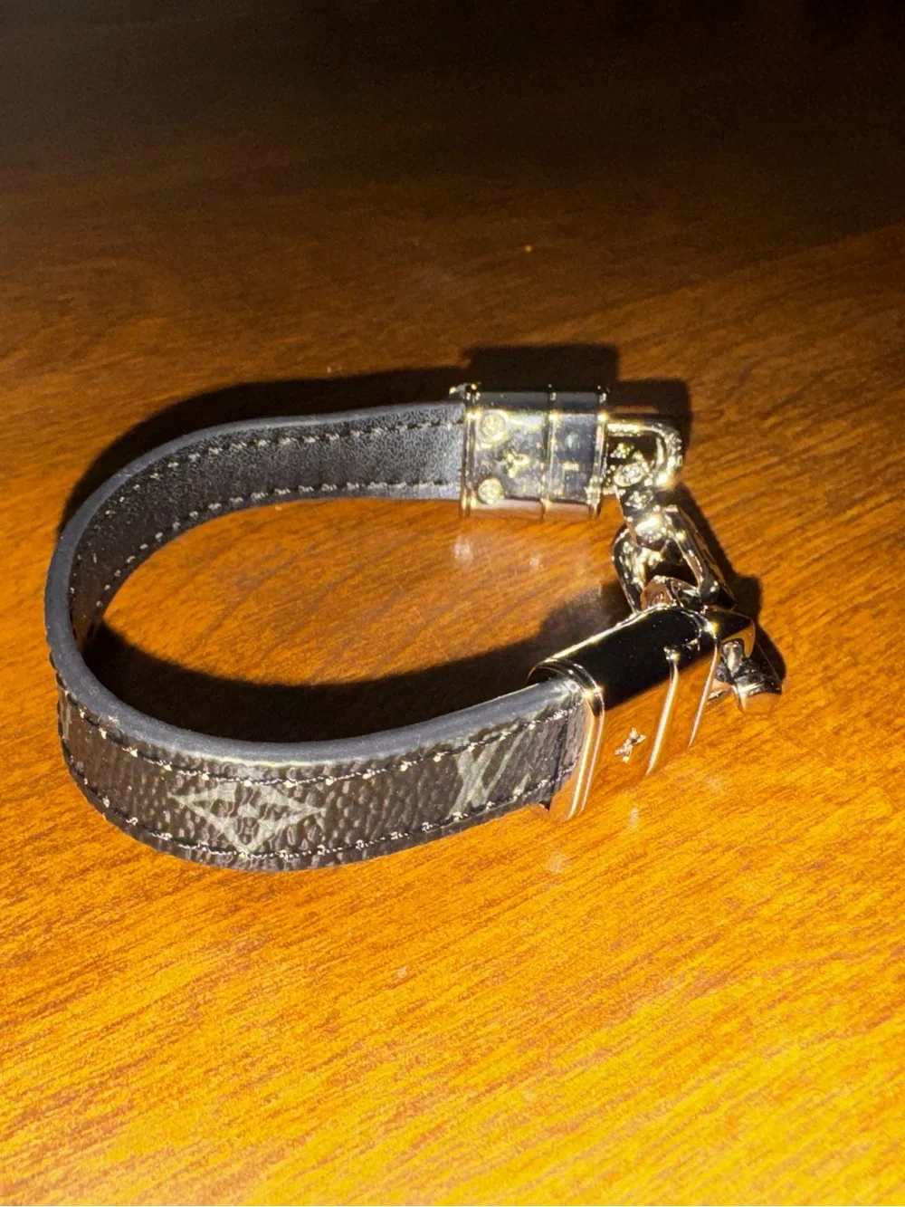 LV Half Black Leather Monogram & Half Silver Monogram Chain Bracelet